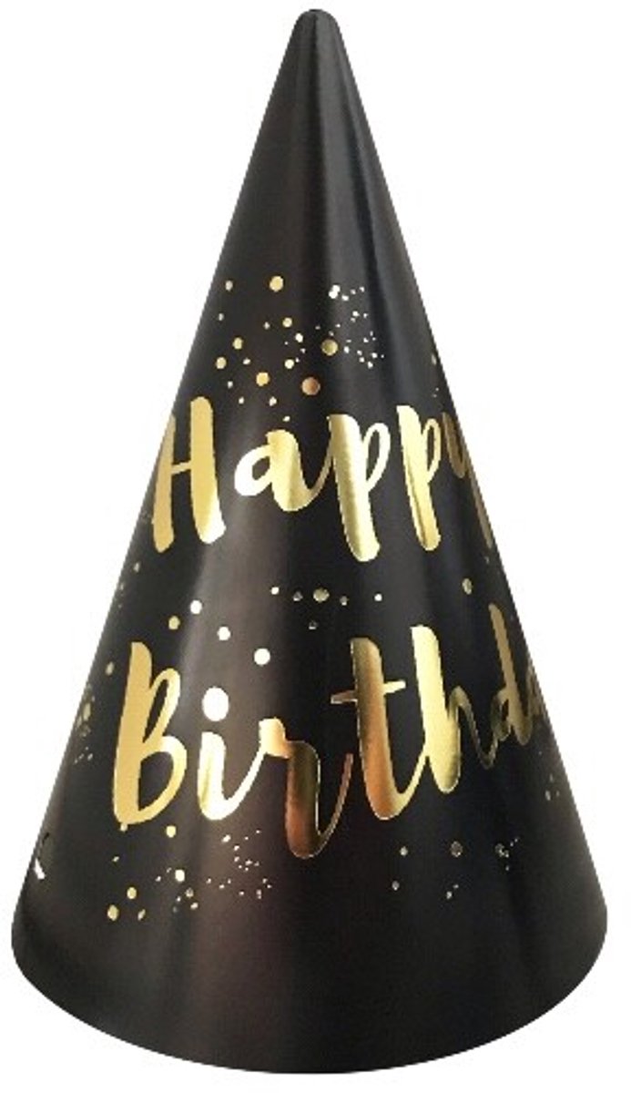 Feesthoedjes Happy Birthday Zwart/Goud (6st)