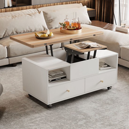 Table Basse Moderne 100x50x35 Cm Avec 2 Tiroirs Et Éclairage LED - Plateau Verre Trempé