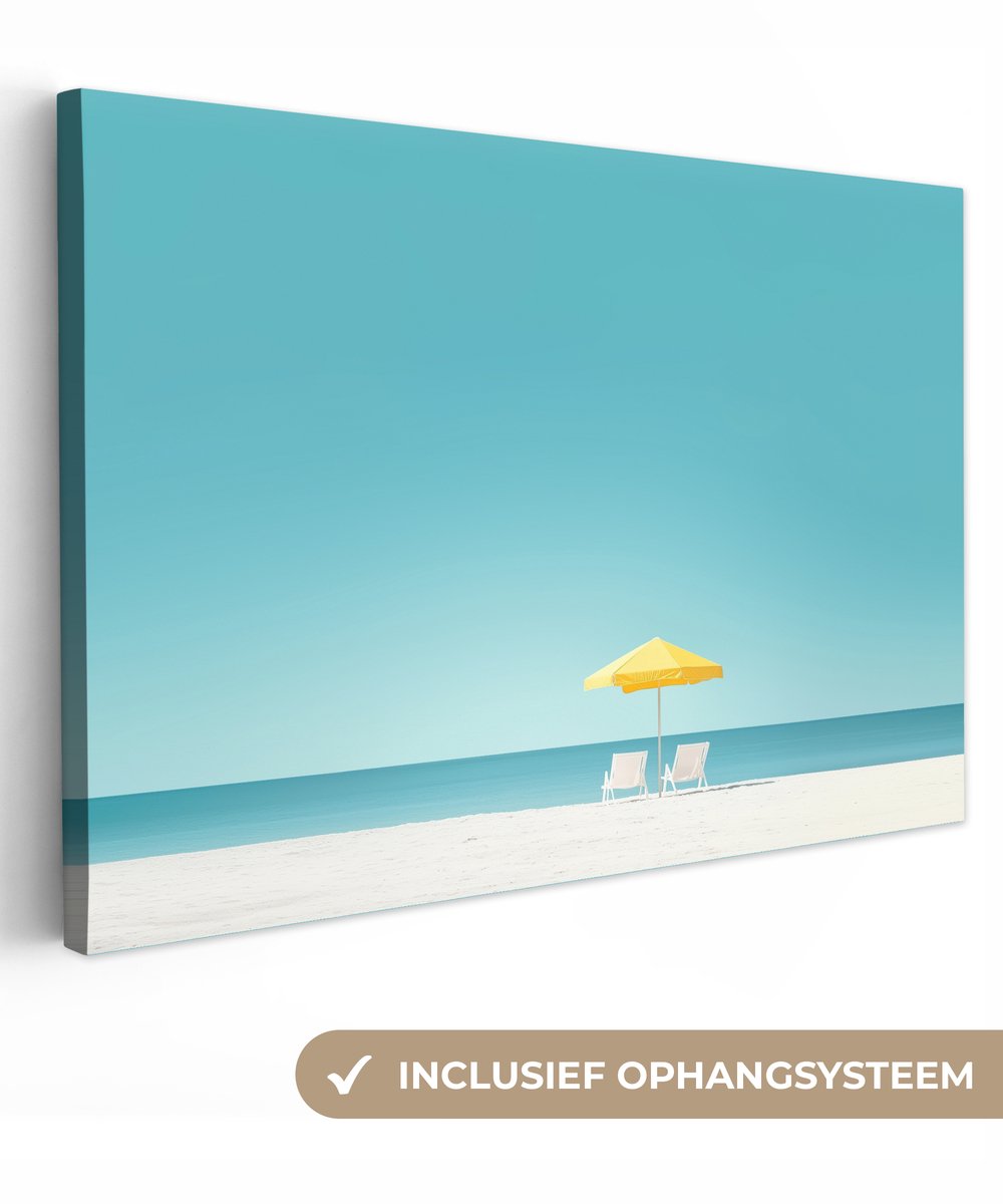 Canvas schilderij 180x120 cm - Exclusieve wanddecoratie Strand - Blauwe lucht - Geel - Par
