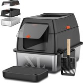 Kattenbak RVS met Deksel XXL – Gemakkelijk schoon te maken – Geurvrij, Lekvrij en Vlekvrij – 38L Inhoud – Gesloten Roestvrijstalen Kattentoilet– Grote Kattenbak met Schep & Gritopvangmat – 60×40×32cm