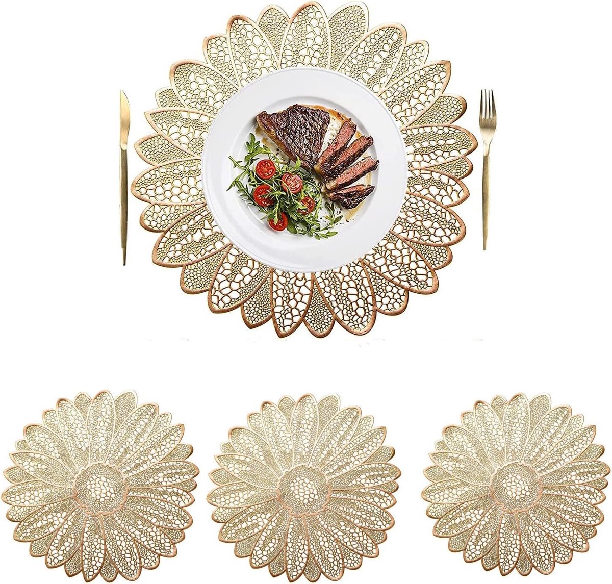 Allecto Premium - Ronde vinyl placemats 38 cm - Decoratieve tafelplacemats - Antislip - Wasbaar - Bruiloft decor - Eettafel en keukendecoratie - Goud - Set van 4stuks