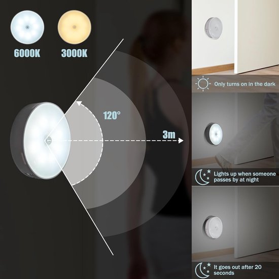 LED Nachtlampje - Nachtlampje met Bewegingssensor-Draadloze Ledlamp - 1 Stuks - 3 Standen - Wit licht 6000k - LED Nachtlampje - Magnetisch - LED Kastverlichting en Trapverlichting met Sensor - Draadloos op Batterij - Wandlamp — afbeelding 3