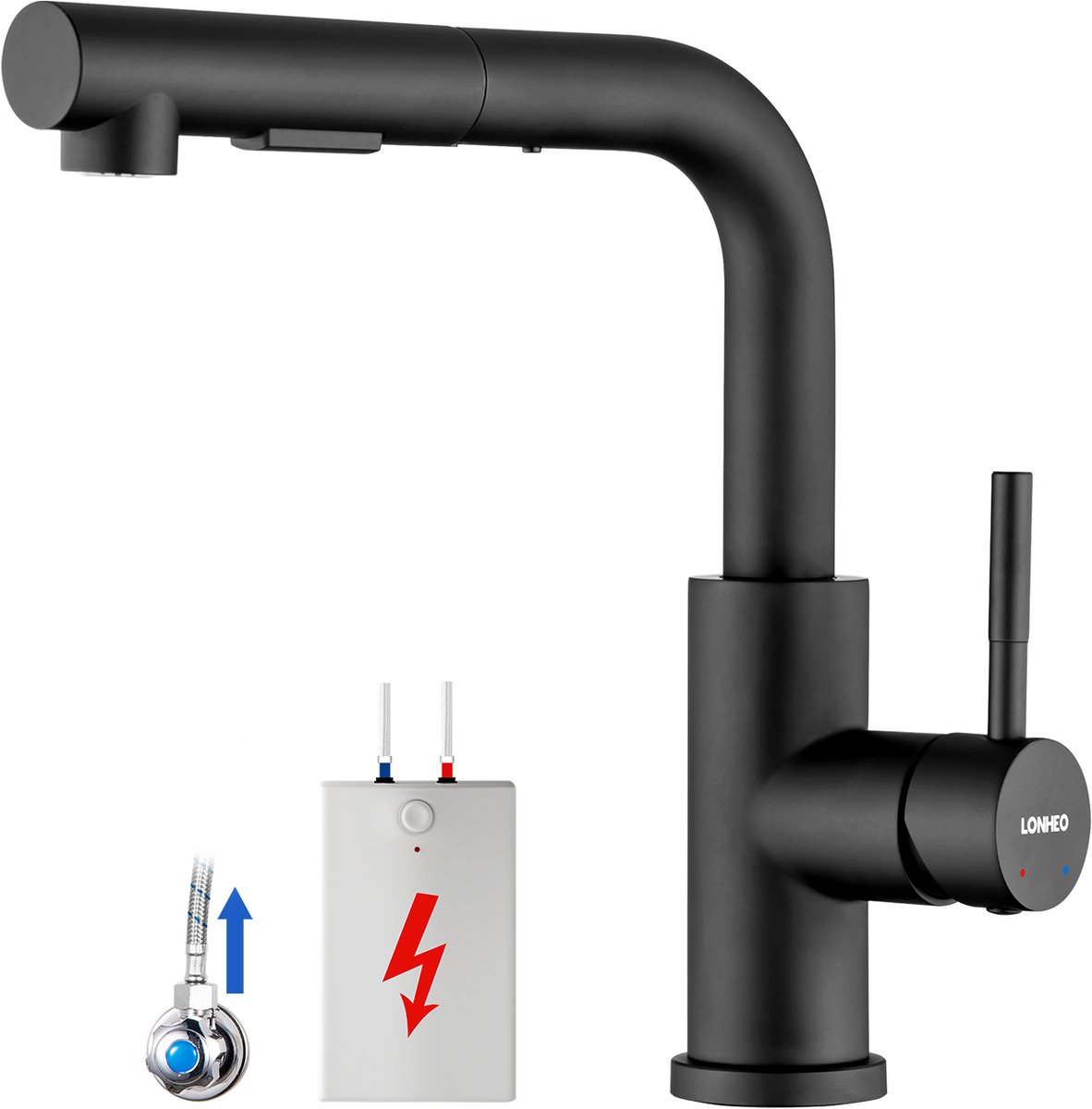 Lonheo max Keukenkraan met Uittrekbare Uitloop - lagedruk keukenkraan - Keukenmengkraan - Handdouche - Uittrekbaar - Mengkraan -Flelang - Zwart - 360° spoelbakxibele S