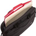 Zwarte laptoptas met open vak, met rode en beige mappen erin.