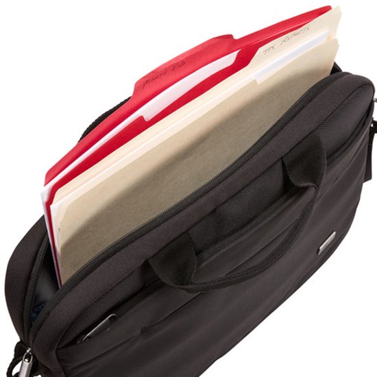Zwarte laptoptas met open vak, met rode en beige mappen erin.