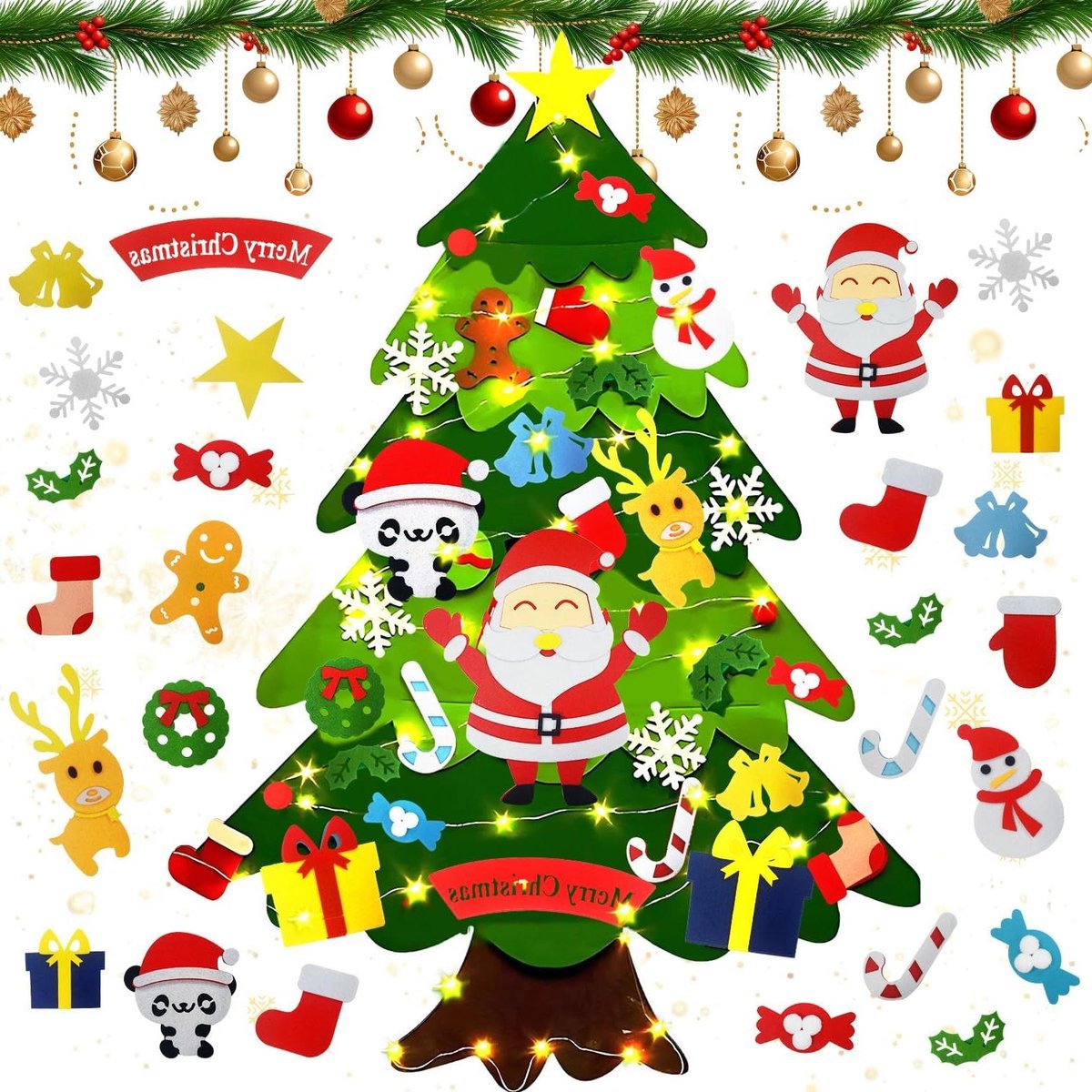 Allecto Premium - Vilten kerstboom decoratie set voor kinderen met LED-verlichting