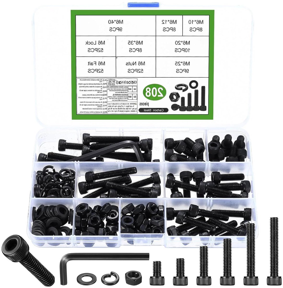 Allecto Premium - Schroevenset: 208 stuks M6 cilinderkopschroeven, moersets, zeskantschroeven, sluitringen, binnenzeskant schroeven, moeren, machineschroeven assortiment.