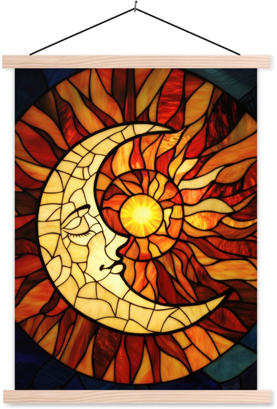 Posterhanger incl. Poster 87x120 cm - Schoolplaat - Mozaïek - Glas - Maan - Donkerblauw - Textielposter - Blanke latten