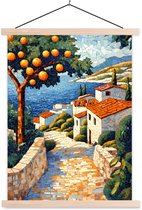 Posterhanger incl. Poster 87x120 cm - Schoolplaat - Huizen - Mozaïek - Sinaasappelbomen - Zee - Textielposter - Blanke latten