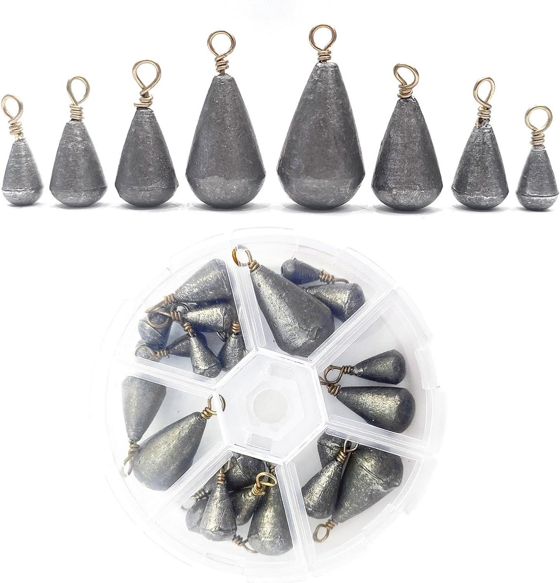 Allecto Plus - Druppelvorm vislood set voor vissen - 25 stuks - 2 g/3 g/5 g/7 g/10 g/15 g/20 g/30 g - Met opbergdoos - Dropshot lood - Grondlood - Perenlood - Voor vissen in de open lucht