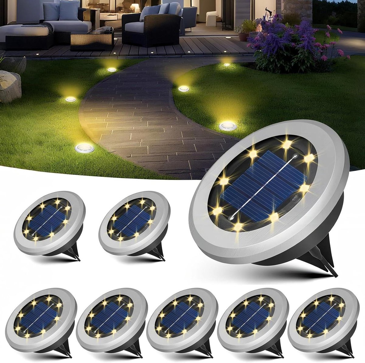 Allecto Plus - Zonne-energie grondlampen (8 stuks) voor buiten, waterdicht en met 8 LED's - Tuinverlichting vloerverlichting