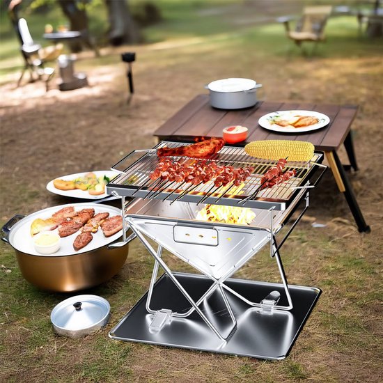 Barbecue pliable - Pour le Camping et la cuisine en plein air - Camping - Barbecue à foyer - Cuisson au bois et portable avec sac de transport - Acier inoxydable