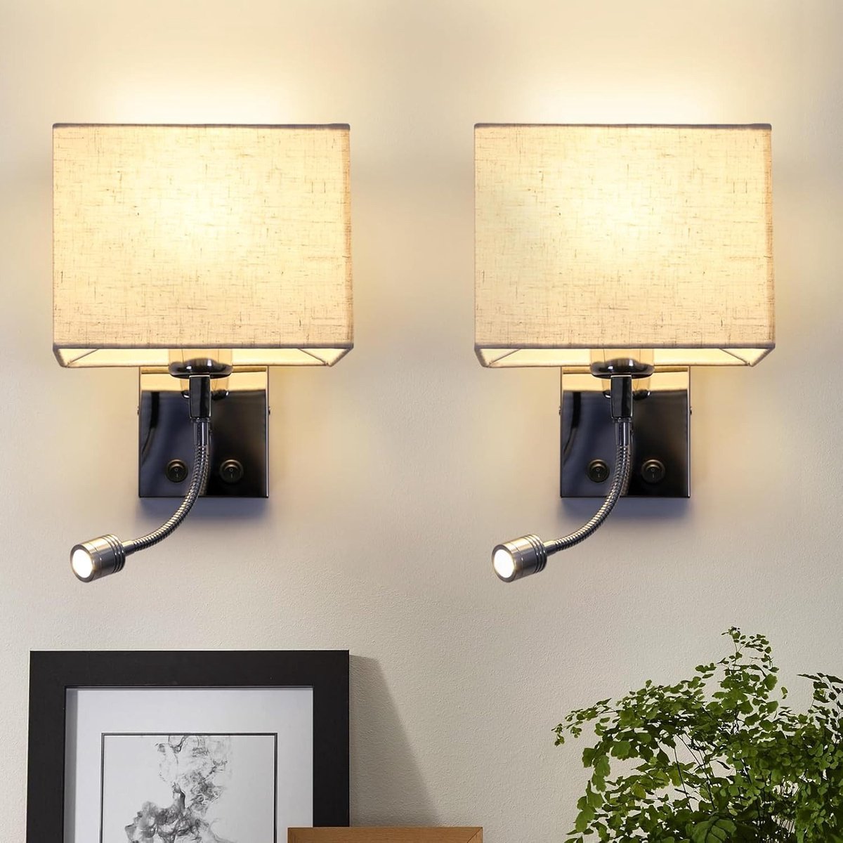 NETTLIFE Wandlamp Stof - 2 Stuks - E27 Fitting - beige - LED binnen Leeslamp - moderne draaibare bedlamp - 2W - voor Woonkamer | Slaapkamer | Hal | Hotel