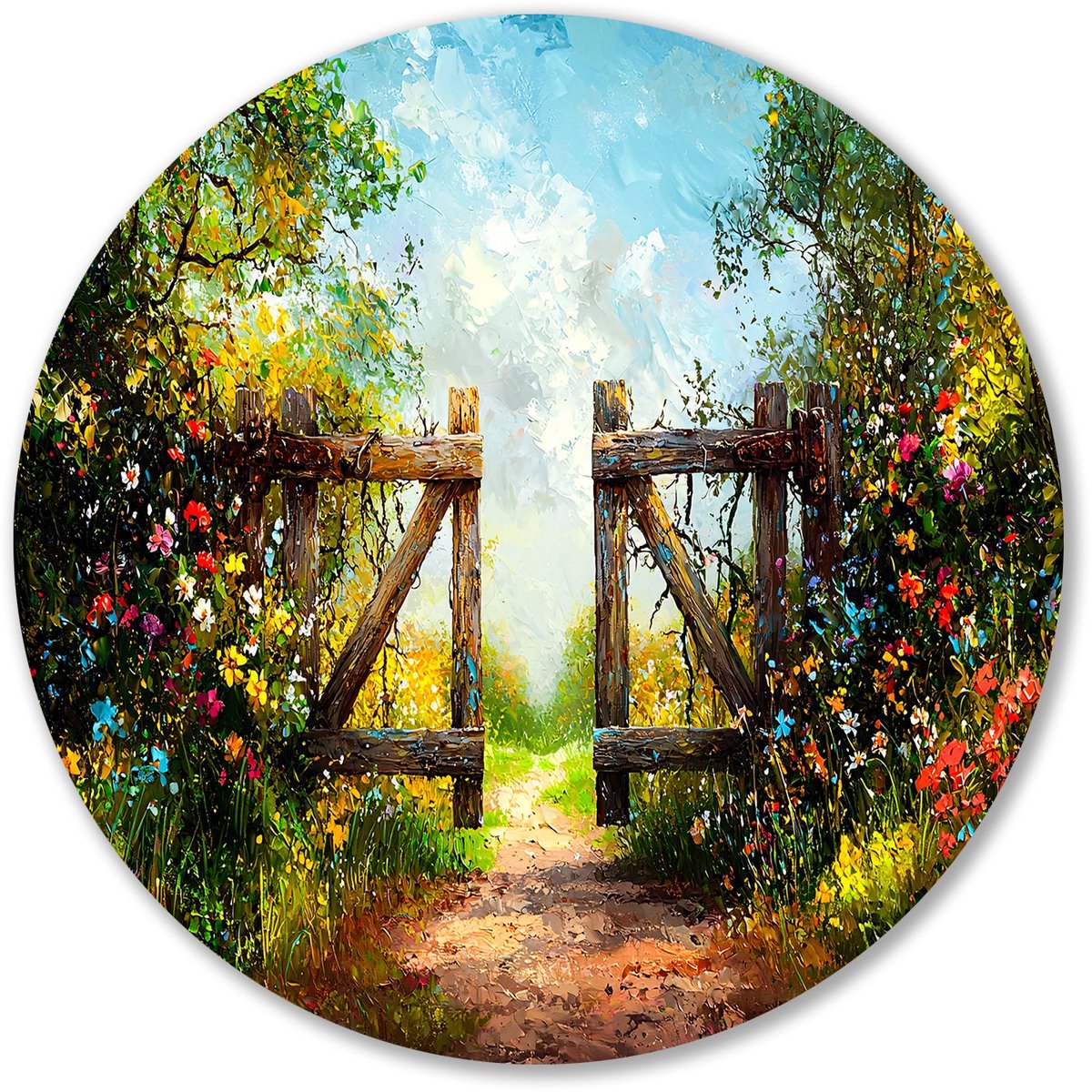 Bloemenpad met houten tuinpoort - Poort wanddecoratie rond - Wandpaneel bloemen - Impressi
