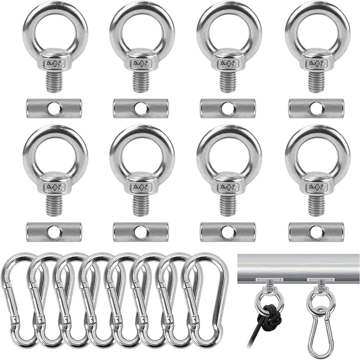 Allecto Plus - 8-delige set stoppers voor rails van 6 mm roestvrij staal - Accessoires voor kederrail - Luifelhaak en bieslijst - Voor caravan, camper en boot