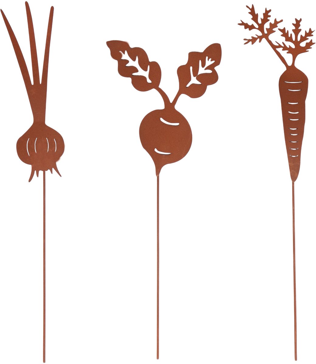 UNUS® Tuinsteker wortelgroenten set van 3 metaal roestlook decoratie en bedmarkering voor tuin