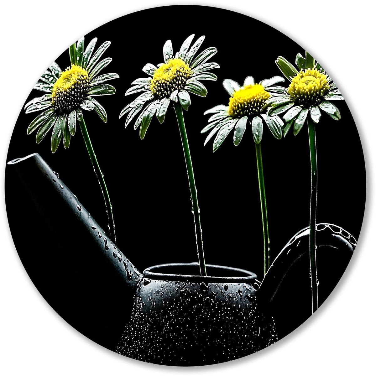 Bloemen in gieter met druppels - Bloemen schilderij rond - Wandpaneel gieter - Hyperrealis