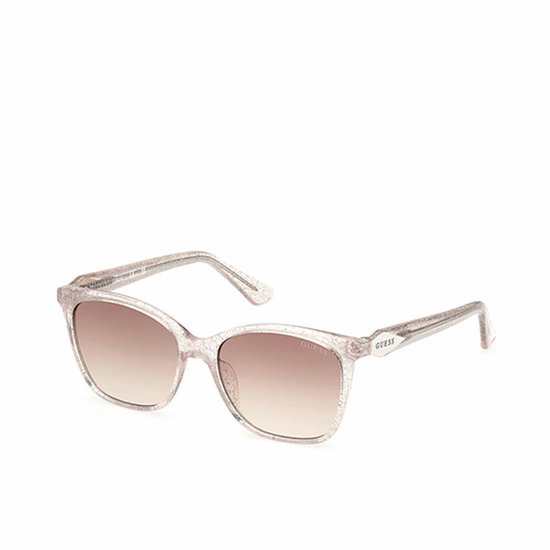 Lichtroze glitter Guess zonnebril met bruine glazen, montuur met kattenoog.