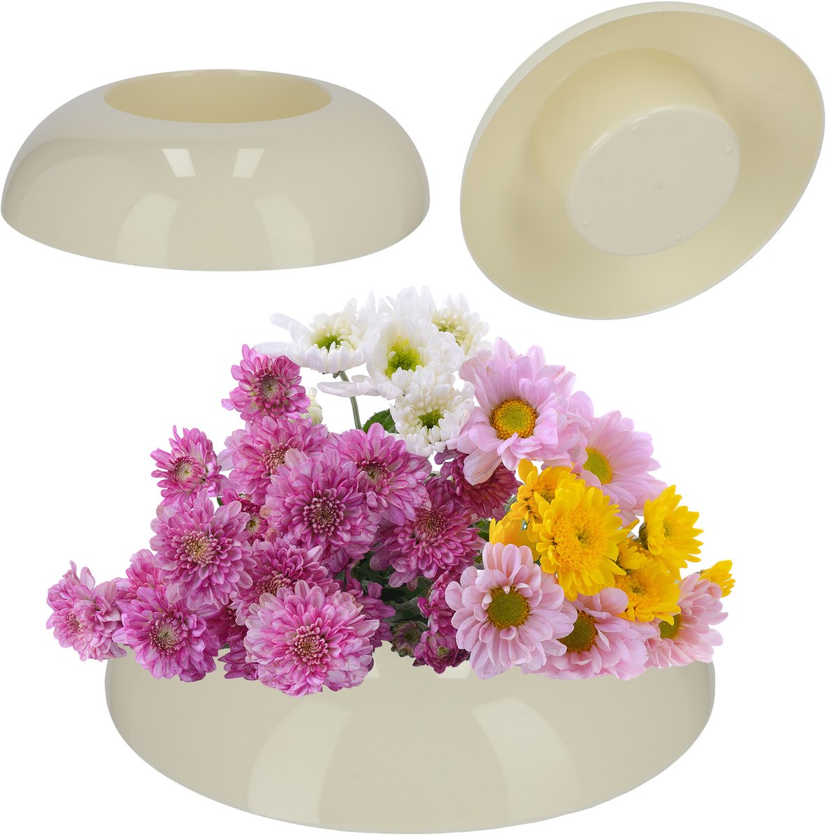KADAX Ikebana Ikebana Kunststof vaas, bloempot, bloemenschaal, Japanse zonnebloemhouder voor zonnebloemen, Ikebana bloemenvaas, bloemstuk (diameter 12 cm, rond, ecru) Crème