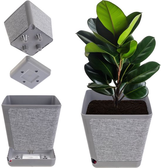 KADAX Pot de fleurs décoratif en plastique, jardinière rectangulaire avec système d'irrigation, pot de fleurs avec auto-arrosage et réservoir d'eau (gris chiné, 24 cm)
