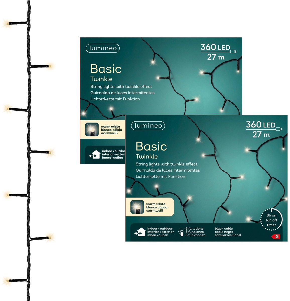 Lumineo kerstverlichting - 2x - 360 led lampjes - warm wit - 27 m - lichtsnoer - kerstlampjes