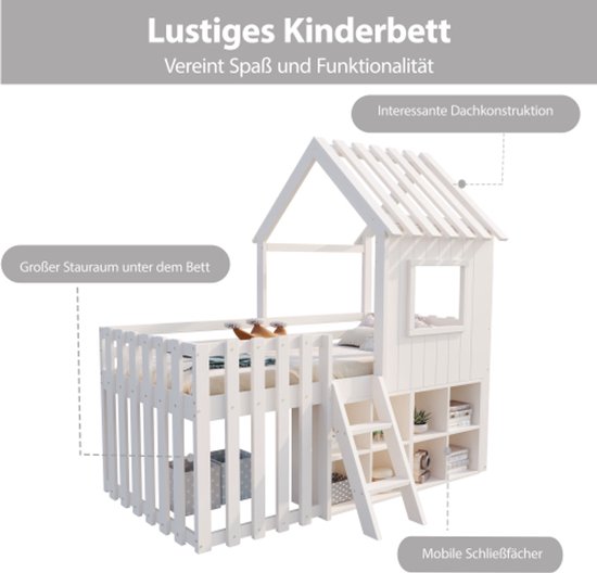 Lit cabane pour enfant 90x200, avec toit et fenêtre, avec espace de rangement ouvert, avec échelle d'escalade, lit superposé pour enfant en bois massif sans matelas, blanc