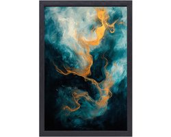 Abstract kunstwerk met blauw en goud - Abstract schilderijen canvas - Muurkunst vormen - Abstract expressionisme - Canvas decoratie met lijst - Accessoires voor de muur - Canvas met baklijst 75x100 cm