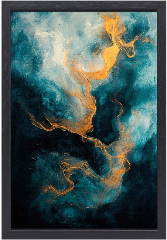 Abstract kunstwerk met blauw en goud - Abstract schilderijen canvas - Muurkunst vormen - Abstract expressionisme - Canvas decoratie met lijst - Accessoires voor de muur - Canvas met baklijst 75x100 cm