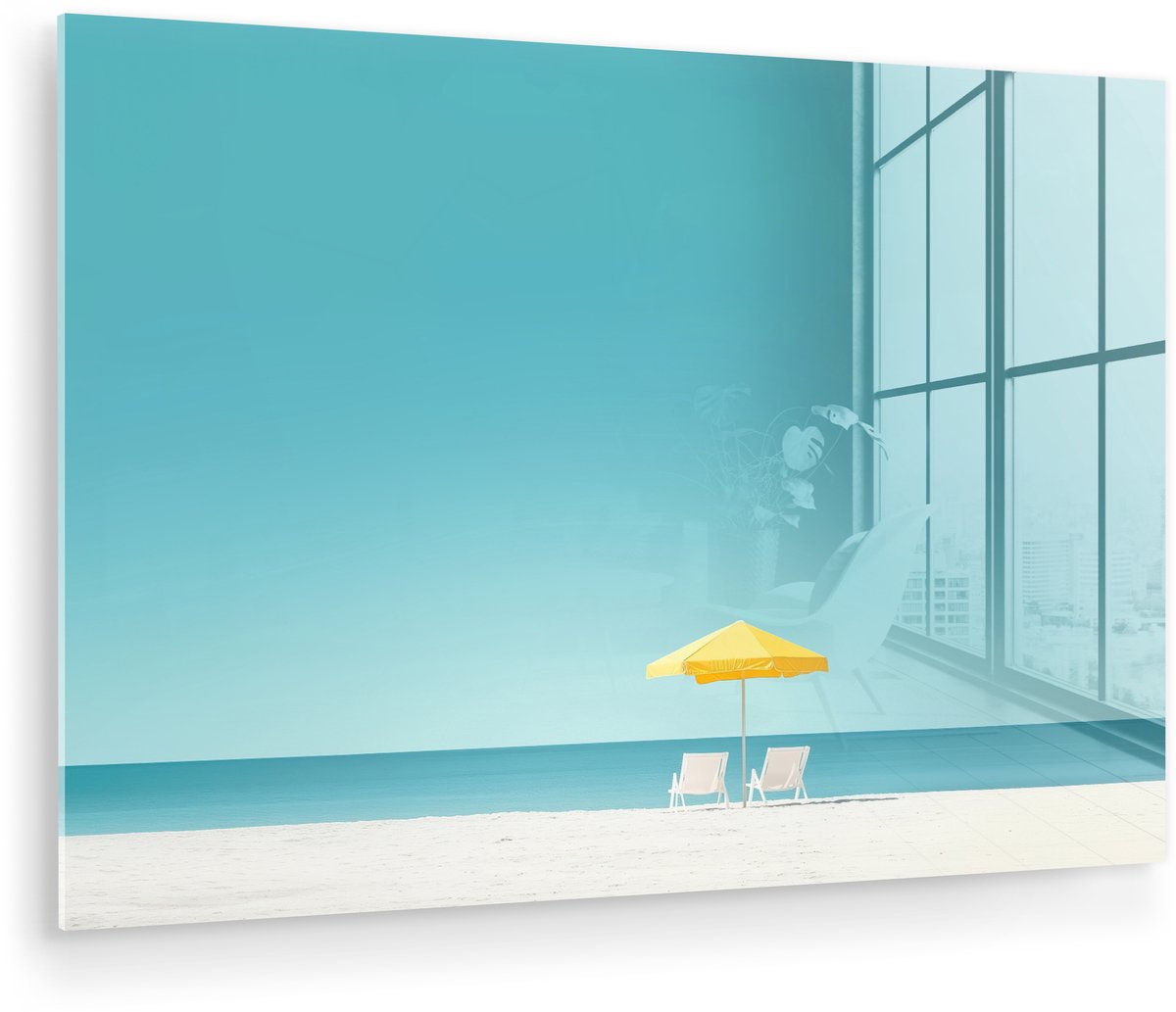 MuchoWow® Glasschilderij 30x20 cm - Schilderij acrylglas - Strand - Blauwe lucht - Geel -