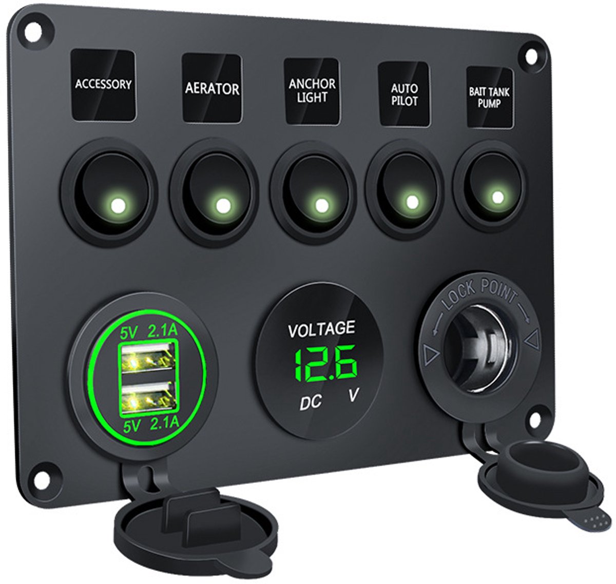 Schakelpaneel - 5 schakelaars, voltmeter, 2 USB-stopcontacten