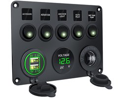Schakelpaneel - 5 schakelaars, voltmeter, 2 USB-stopcontacten
