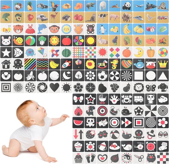 SHENSAIGO Contrastkaarten babyspeelgoed 0-36 maanden, 64 stuks sensory toys kaarten, kleurrijk zwart wit pasgeborenen speelgoed, leerkaarten peuters voor visuele stimulatie en ontwikkeling van de