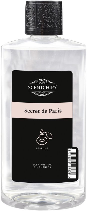 Fles "Scentchips" geurolie "Secret de Paris" met zwarte dop op witte achtergrond.
