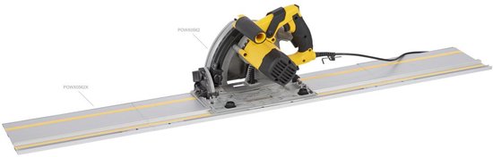 Zwarte cirkelzaag POWX0562 met gele accenten, geplaatst op een zilverkleurige geleiderail.
