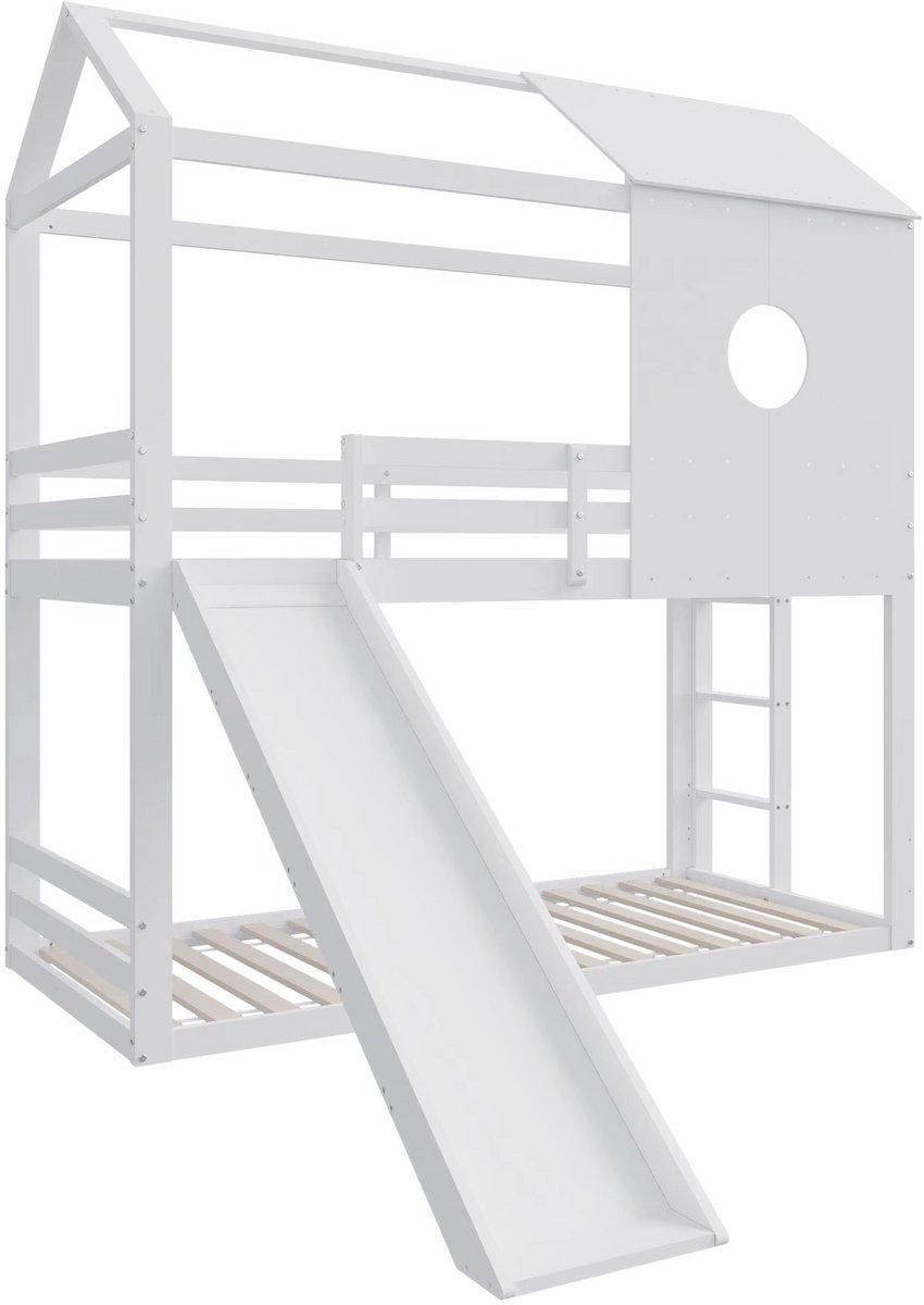 Happiq Luxe stapelbed Valora voor kinderen - 90x200 cm - Kinderbedden - Hoogslaper - Met Hoektrap, valbeveiliging en raam - Peuterbed Wit