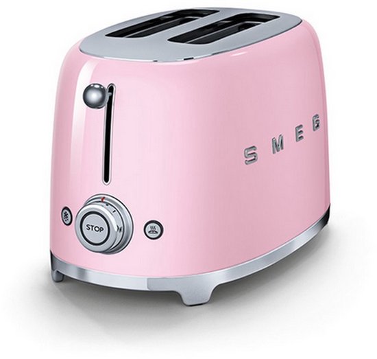 Roze SMEG broodrooster met zilverkleurige details en de "SMEG" merknaam.