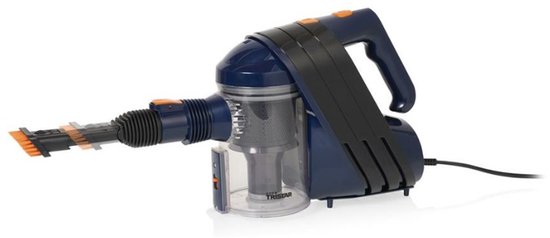 Blauwe en oranje kruimeldief met borstelopzetstuk en zwarte kabel.