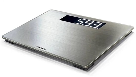 Zilverkleurige weegschaal met geborsteld metalen oppervlak en digitaal display '593'.