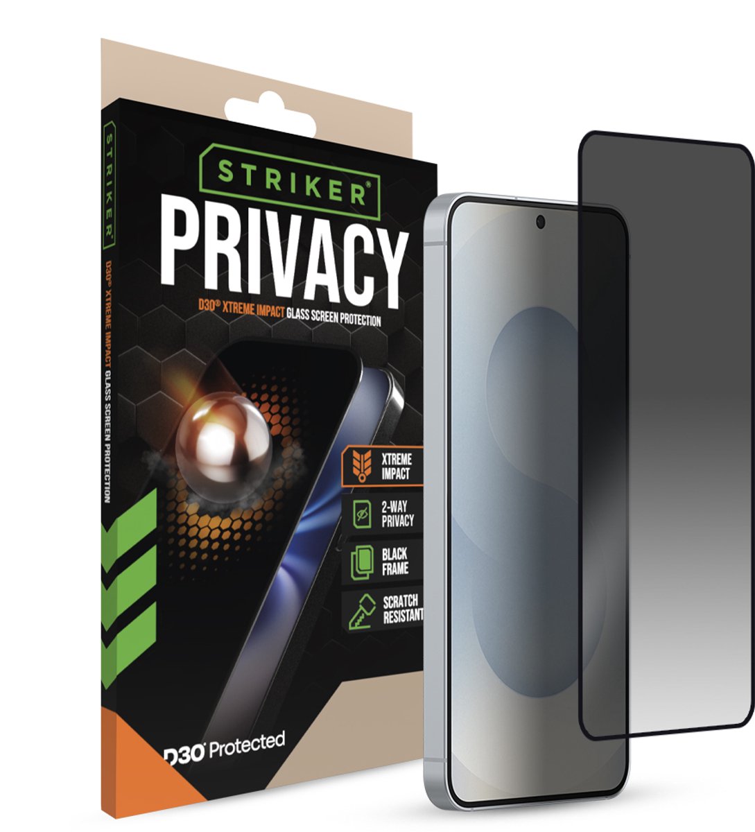Striker Screenprotector geschikt voor Samsung Galaxy S25 Glazen | Striker Xtreme Impact Privacy Screenprotector Privacy - Case Friendly - Zwart