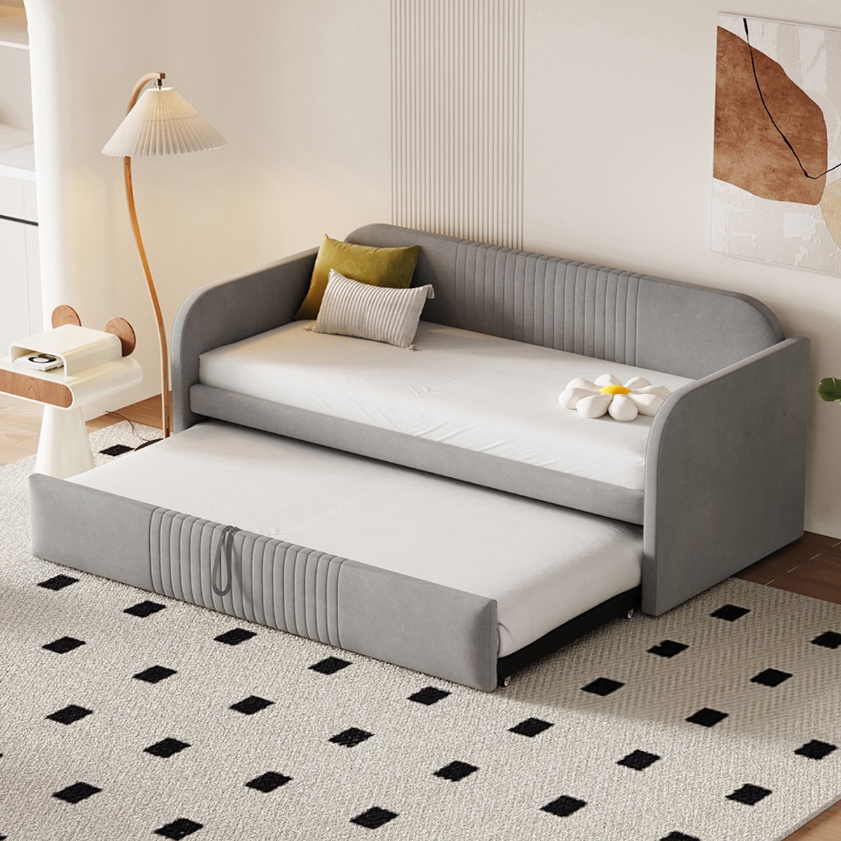 Pugsdrly Gestoffeerd bed Uitschuifbare slaapbank 90/180*190 cm, met verticale strepen, met lattenbodem, multifunctioneel bed, comfortabele en ademende linnen stof, lichtgrijs (matras niet inbegrepen)