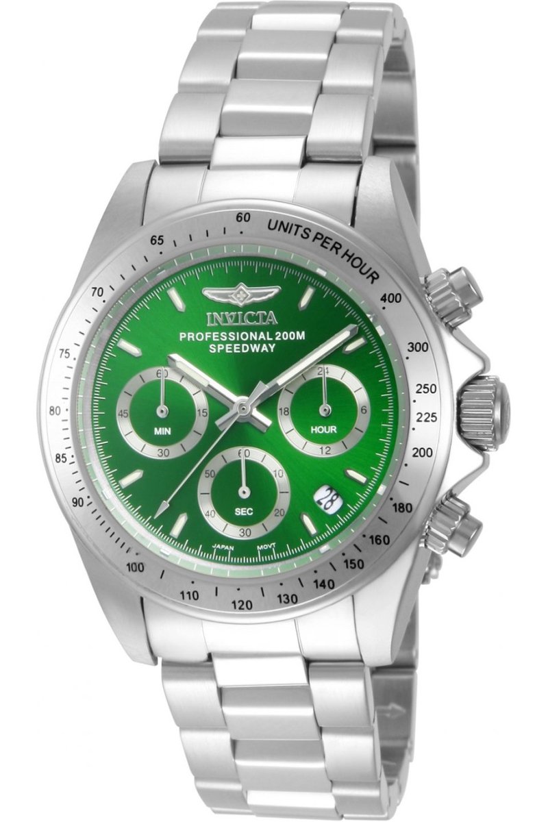 Invicta Speedway 14384 Heren Horloge - Waterdicht - Analoog - Quartz Uurwerk - Roestvrij Staal met groene Wijzerplaat - 39mm