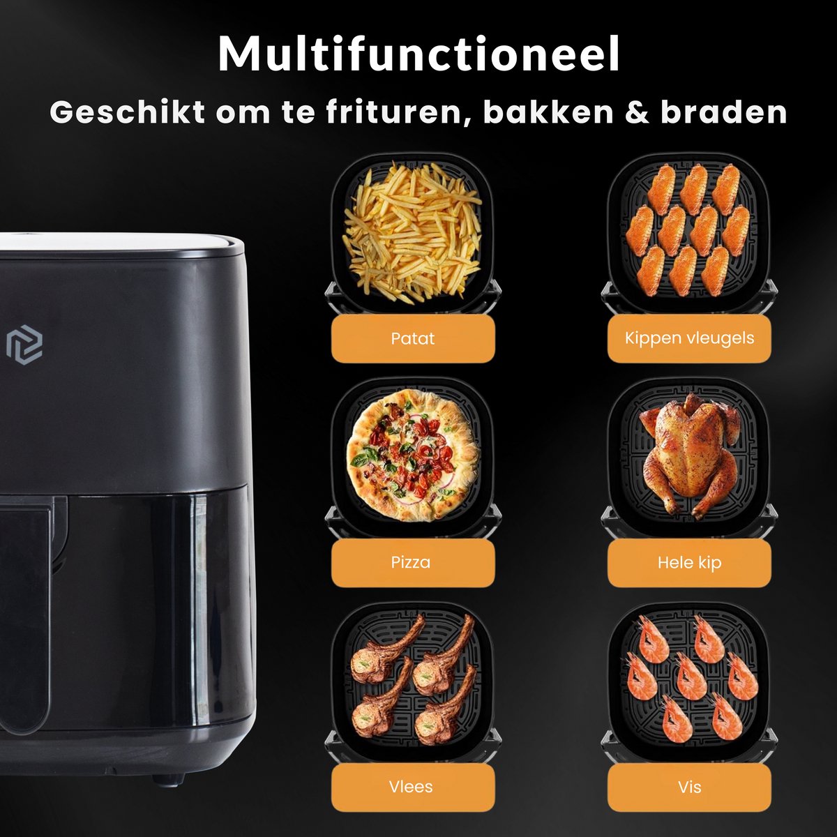 Afbeelding 2 van Airfryer 5.5L met Touchscreen – 1500W – 9 Programma’s – Timer & Eigen Instellingen – Heteluchtfriteuse - 80ºC-200ºC – Zwart