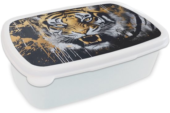 Boîte à lunch Wit - Boîte à lunch tigre - Éclaboussures de peinture - Goud - Boîte à lunch 18 x 12 x 6 cm - Boîte à lunch pain - Boîtes à pain pour enfants et adultes