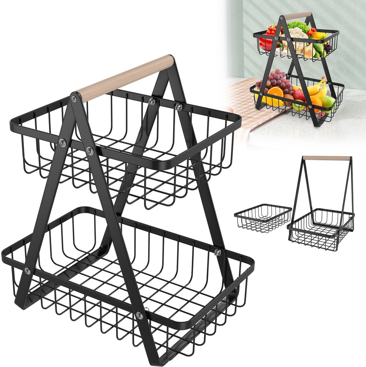 Fruitmand 2-Lagen Metaal – Groentemand met Houten Handvat, Keuken Organizer