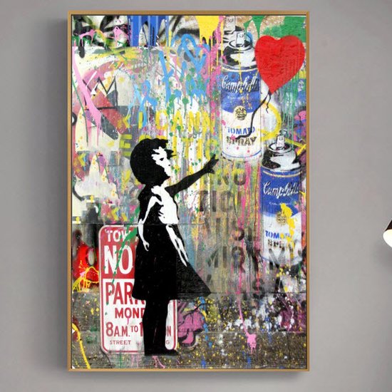 Allernieuwste.nl® Peinture sur toile Banksy Girl with Balloon Graffiti 2 - Girl - Poster - Reproduction - 60 x 90 cm - Couleur