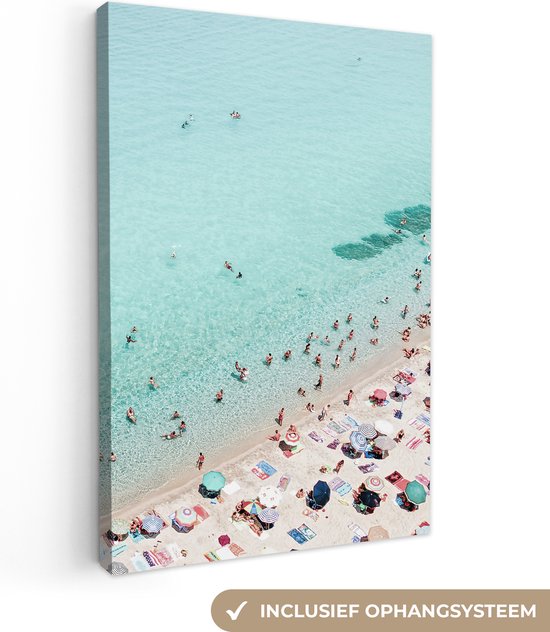 Canvas schilderij 80x120 cm - Wanddecoratie Zee - Strand - Parasols - Blauw - Zomer - Muurdecoratie woonkamer - Slaapkamer decoratie - Kamer accessoires - Schilderijen op canvas