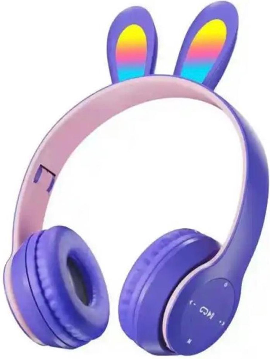 Kinder Hoofdtelefoon-Draadloze Koptelefoon-Kinder Headset-Over Ear-Bluetooth-Microfoon-Konijn Oorjtes-Led Verlichting-Opbergzak-Paars
