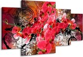 GroepArt - Schilderij -  Orchidee - Roze, Rood, - 160x90cm 4Luik - Schilderij Op Canvas - Foto Op Canvas