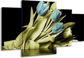 Canvas schilderij Tulp | Blauw, Groen, Zwart | 160x90cm 4Luik
