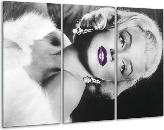GroepArt - Schilderij -  Marilyn Monroe - Zwart, Grijs, Paars - 120x80cm 3Luik - 6000+ Schilderijen 0p Canvas Art Collectie